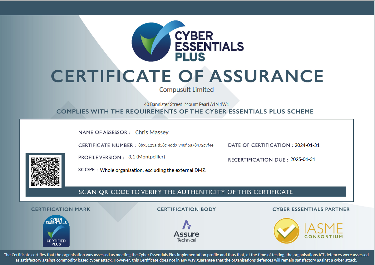 Compusult's Cyber Essentials Plus Certificate of Assurance